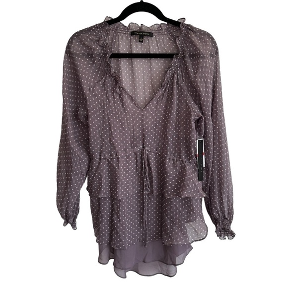 NWT Cynthia Steffe Purple 100% Silk Polka Dot Ruffled Blouse, Size XS - Picture 1 of 7